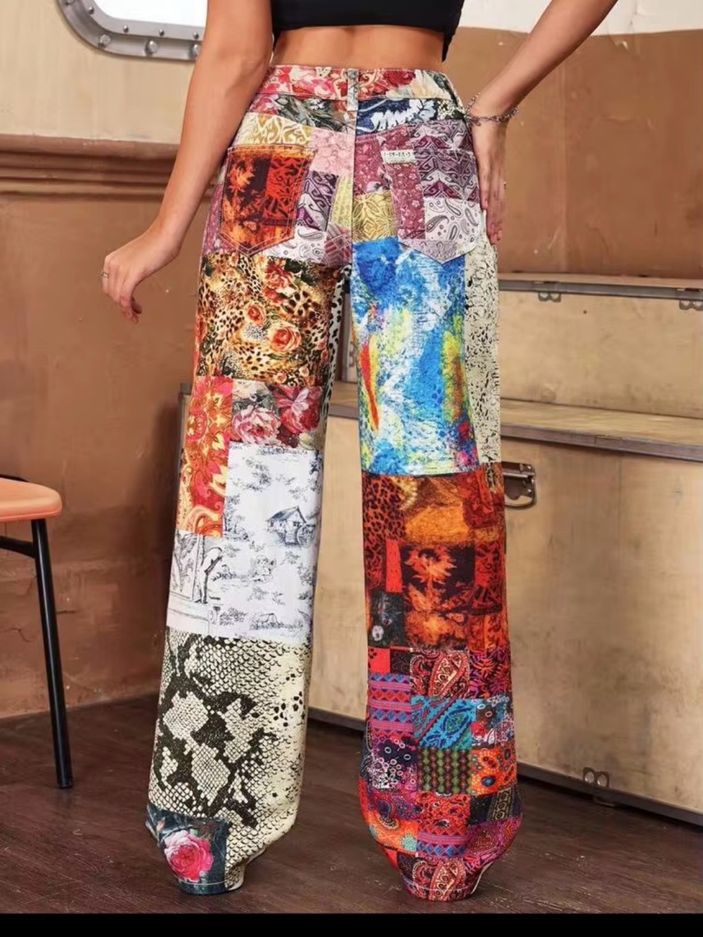 Patchwork Print Wide Leg Pants Y2K Boho Grunge Statement Trousers - Picture 2 of 4